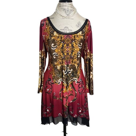 Womens Baroque Boho Tunic Dress L Burgundy Gold Sheer Hem Stretch Eclectic - Picture 1 of 5